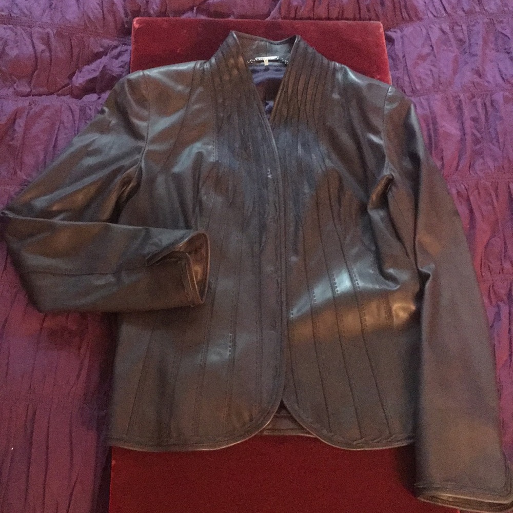 Elie Tahari Dark Grape Shawl-Collar Leather Coat
